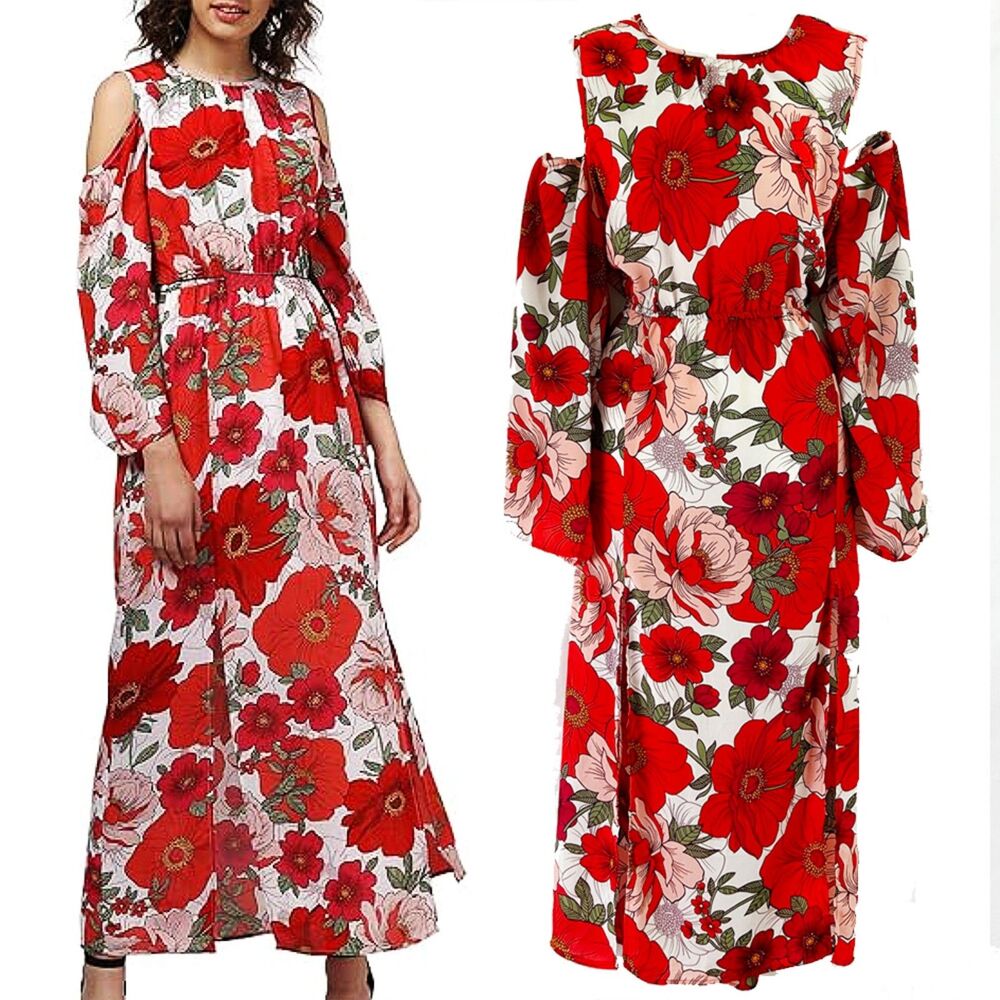 Go Coco Large-Scale Floral Print Maxi Dress (1X) Red Pink Green White Leg Slits